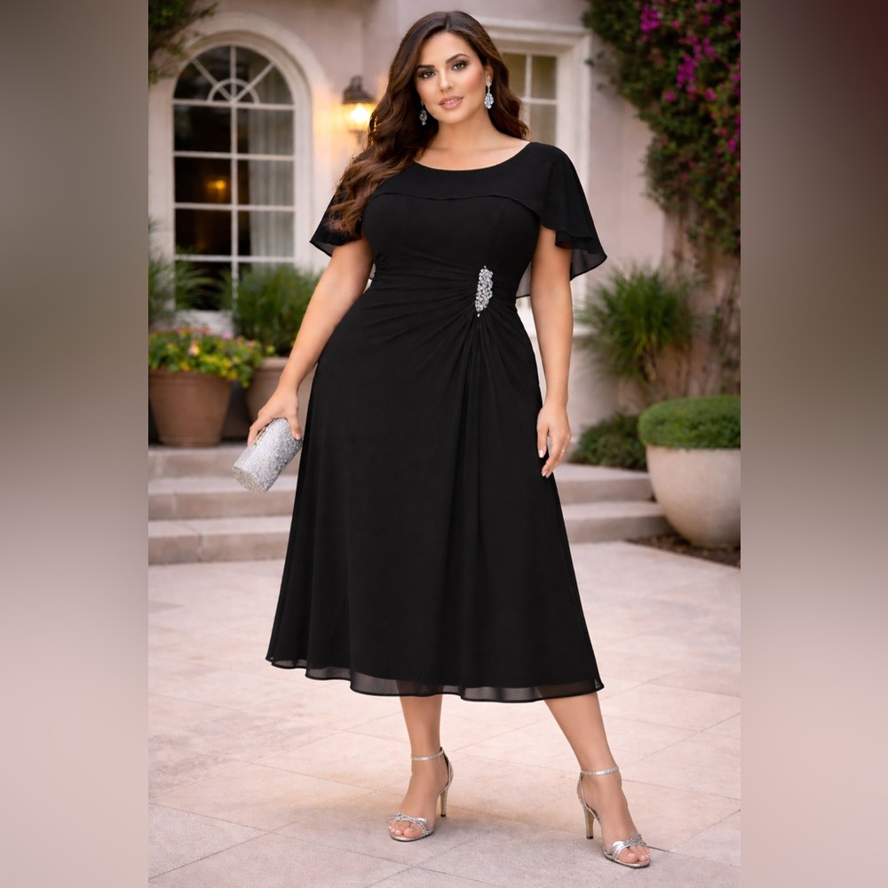 Elegant Black Midi Dress with Side Drape and Brooch